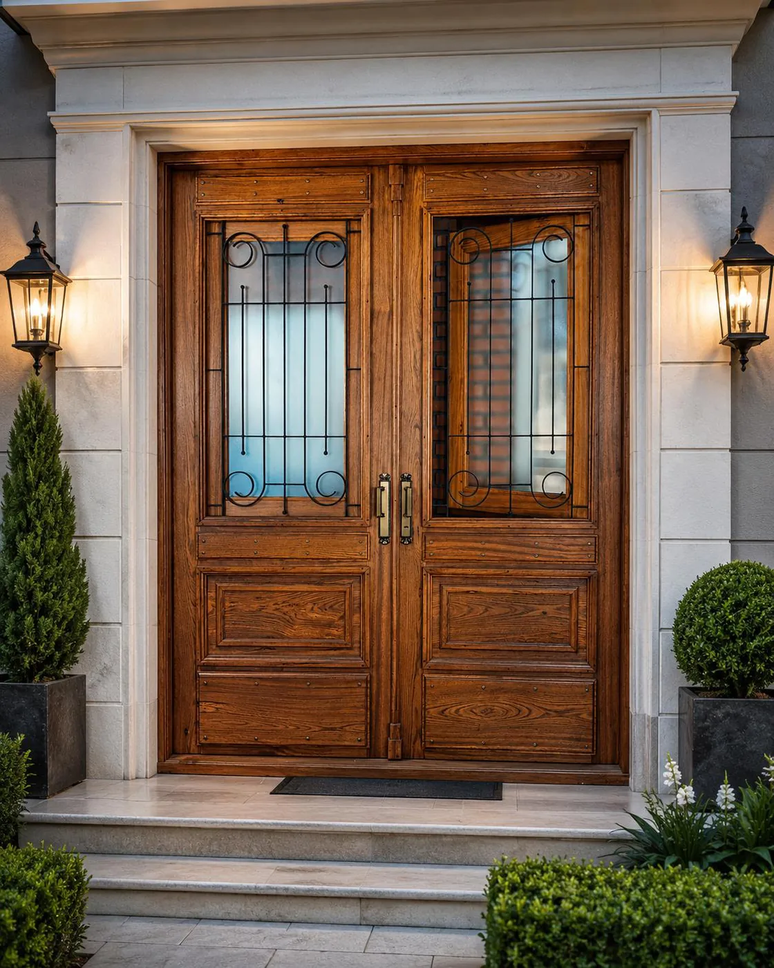 Puerta colonial doble de madera maciza con rejas artesanales