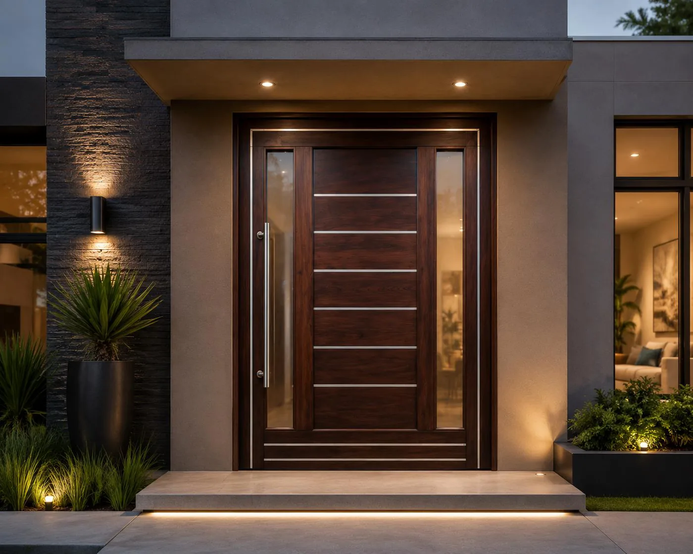 Puerta pivot de madera maciza de 160 por 220 con apliques de aluminio anodizado