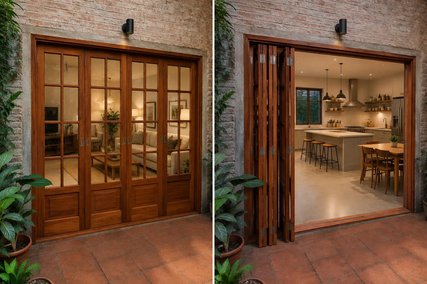 Puerta plegadiza de madera maciza abierta hacia una cocina
