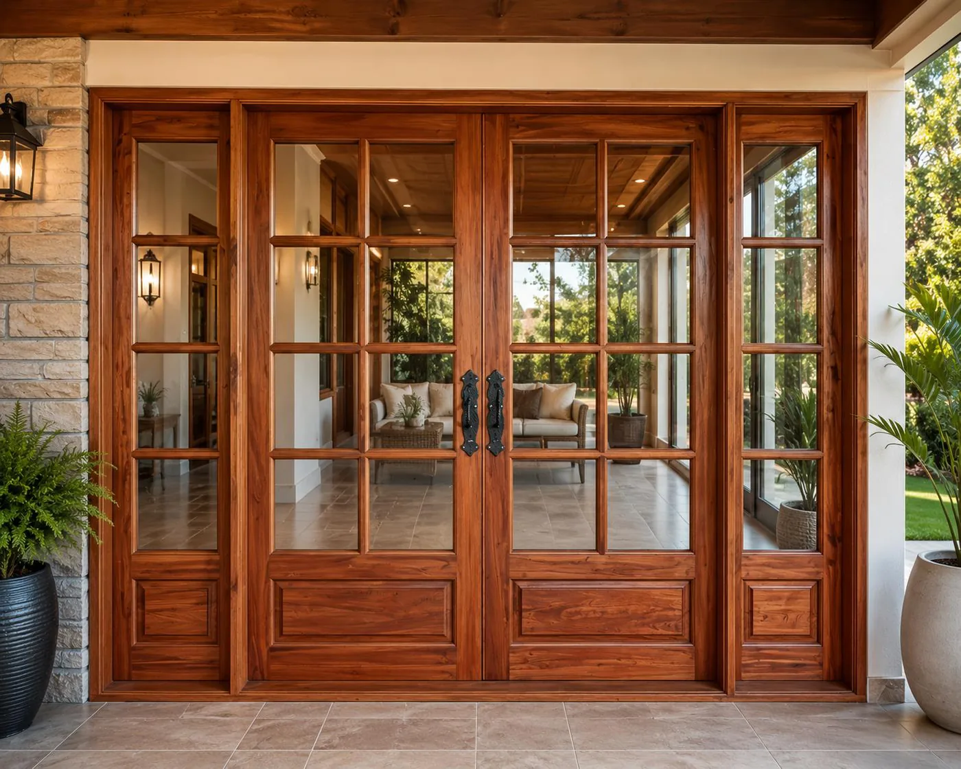 Puerta ventana clásica de madera maciza con vidrio repartido